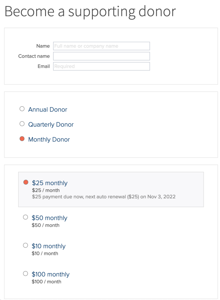 recurring monthly donation form example from MembershipWorks